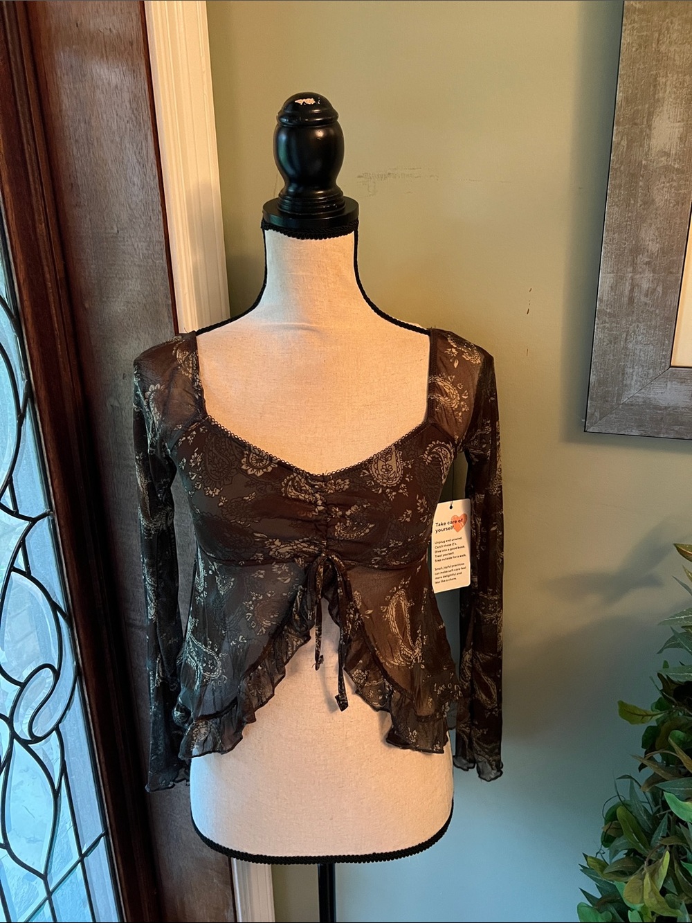 Good Days Project Brown Sheer Floral Tie-Front Top